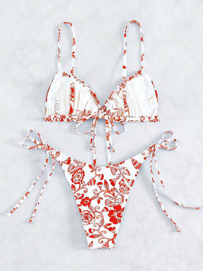 Swimwear- Women's Floral Print Swimwear Set - Tie-Sides Bikini & Ruched Triangle Bra- - IndioGear Fashion and Gear