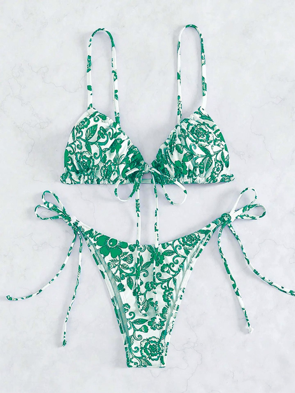 Swimwear- Women's Floral Print Swimwear Set - Tie-Sides Bikini & Ruched Triangle Bra- Green- IndioGear Fashion and Gear