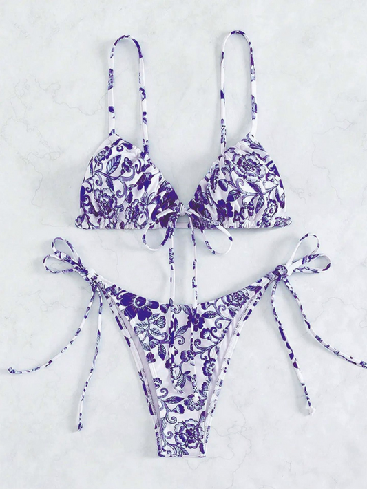 Swimwear- Women's Floral Print Swimwear Set - Tie-Sides Bikini & Ruched Triangle Bra- Purple- IndioGear Fashion and Gear