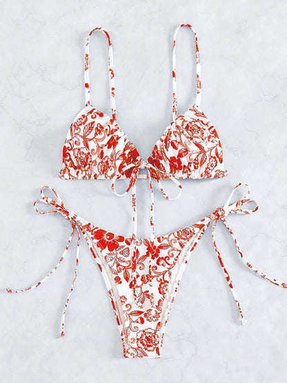 Swimwear- Women's Floral Print Swimwear Set - Tie-Sides Bikini & Ruched Triangle Bra- Red- IndioGear Fashion and Gear