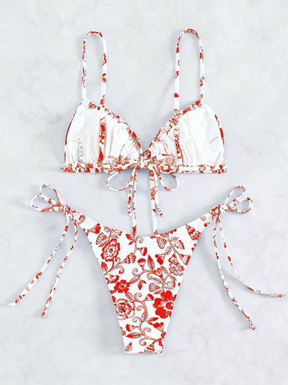 Swimwear- Women's Floral Print Swimwear Set - Tie-Sides Bikini & Ruched Triangle Bra- - IndioGear Fashion and Gear