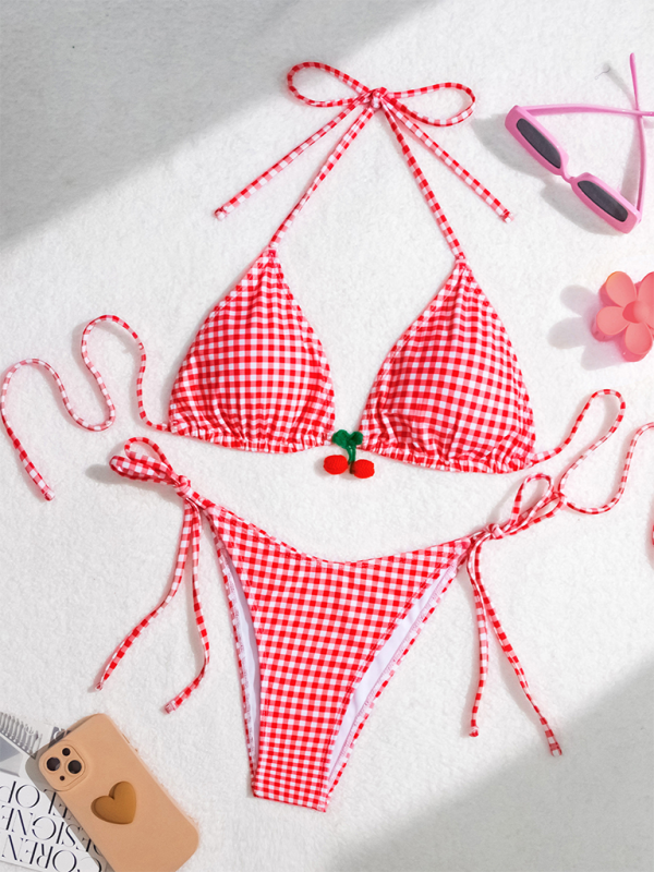 Swimwear- Women's Gingham Tie-Side Bikini & Triangle Bra Swimwear- - IndioGear.com