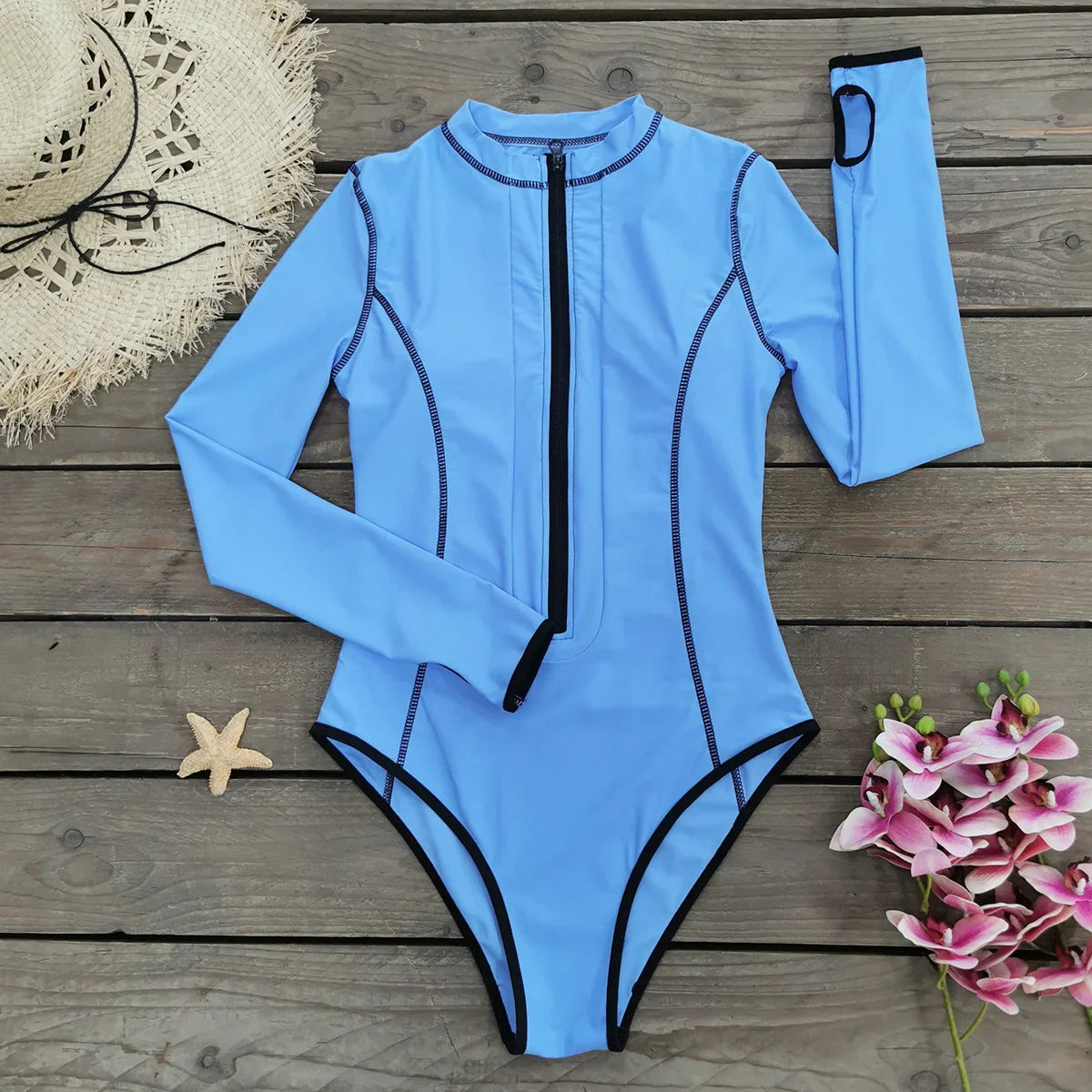 Swimwear- Women's Long Sleeve Swimwear Zip-Up Rash Guard- - IndioGear