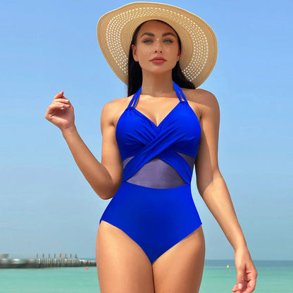 Swimwear- Women's Mesh-Accented Halter Push-Up One-Piece Swimwear- Blue- IndioGear Fashion and Gear