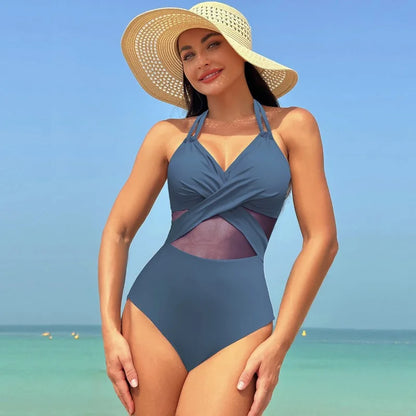 Swimwear- Women's Mesh-Accented Halter Push-Up One-Piece Swimwear- - IndioGear Fashion and Gear