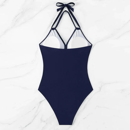 Swimwear- Women's Mesh-Accented Halter Push-Up One-Piece Swimwear- - IndioGear Fashion and Gear