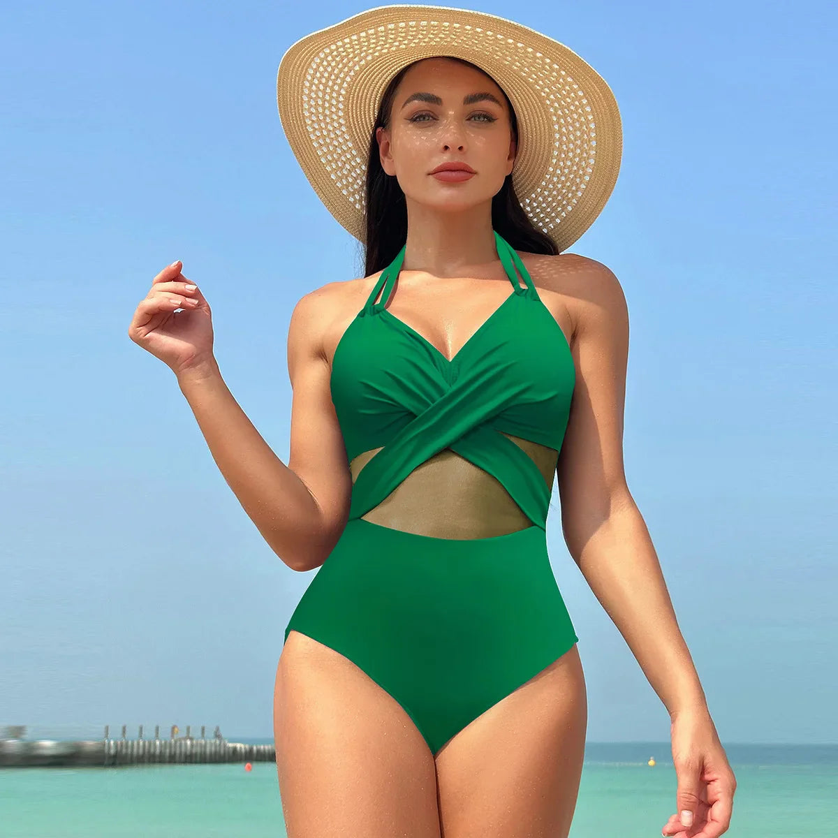 Swimwear- Women's Mesh-Accented Halter Push-Up One-Piece Swimwear- Green- IndioGear Fashion and Gear