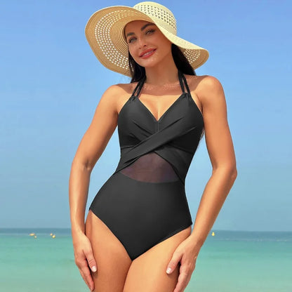 Swimwear- Women's Mesh-Accented Halter Push-Up One-Piece Swimwear- - IndioGear Fashion and Gear