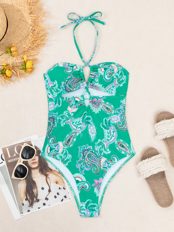 Floral Paisley Print Halter One-Piece with Tummy Toning