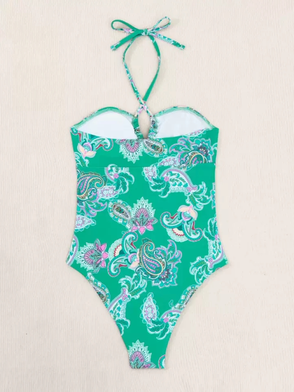 Floral Paisley Print Halter One-Piece with Tummy Toning