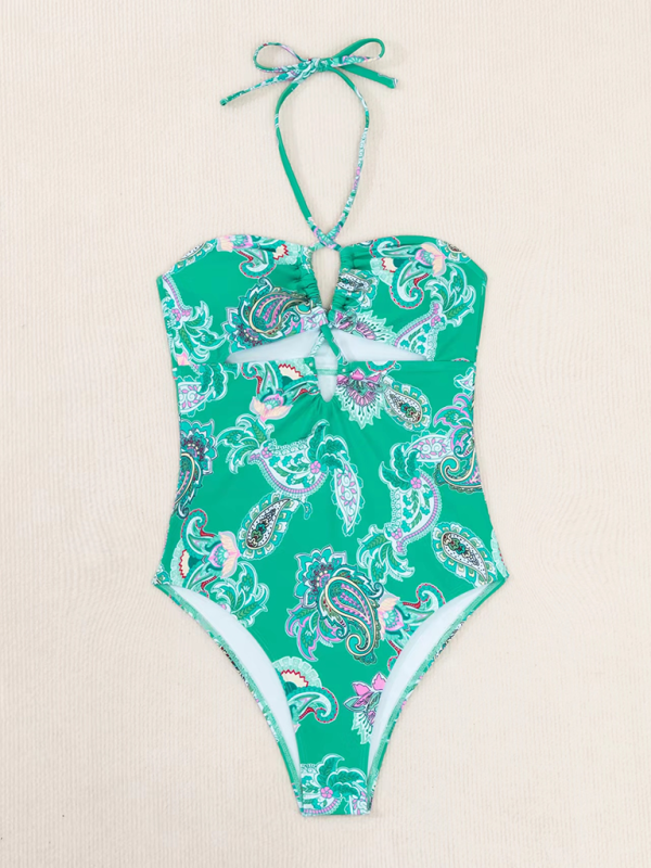 Floral Paisley Print Halter One-Piece with Tummy Toning