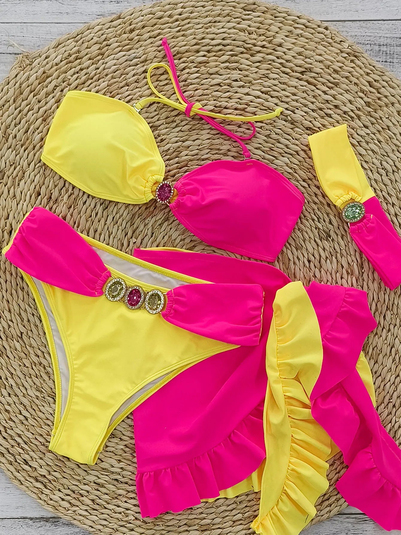 Swimwear- Women's Pink Color-Block 3 Piece Swimwear Island Style with Headband- Yellow Pink 2- IndioGear.com