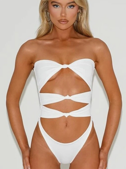 Swimwear- Women's Strapless Cutout One-Piece Swimwear- White- IndioGear.com