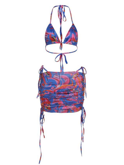 Ensemble cache-maillot imprimé d'été avec soutien-gorge triangle et mini-jupe pour femme 