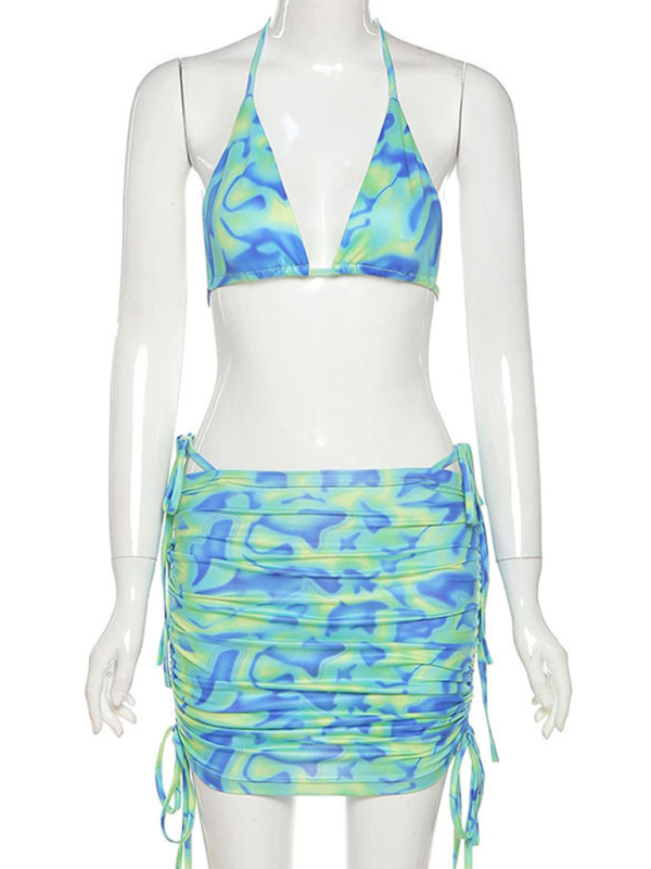 Summer Print Triangle Bra & Mini Skirt Cover-Up Set for Women