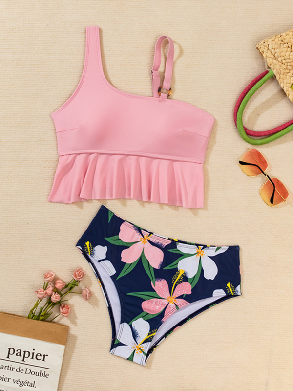 Tropical Tankini & High-Waisted Bikini Set with Exotic Prints