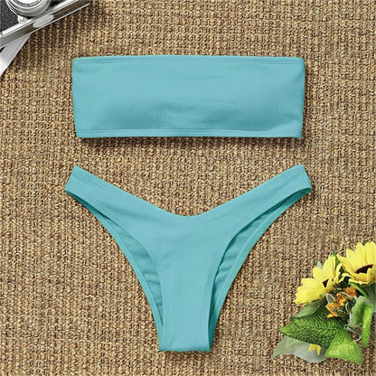 Swimwear- Women's Textured Bandeau 2 Piece Swimwear - Strapless Bra & Low-Waist Bottom- Green- IndioGear Fashion and Gear