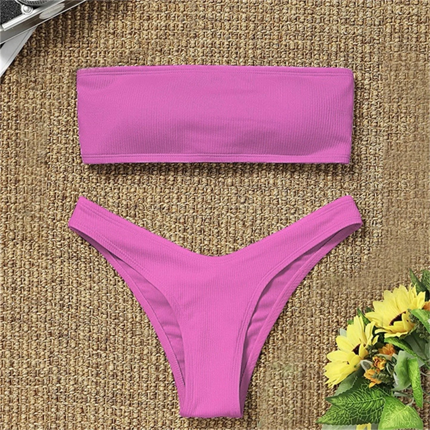 Swimwear- Women's Textured Bandeau 2 Piece Swimwear - Strapless Bra & Low-Waist Bottom- Pink- IndioGear Fashion and Gear