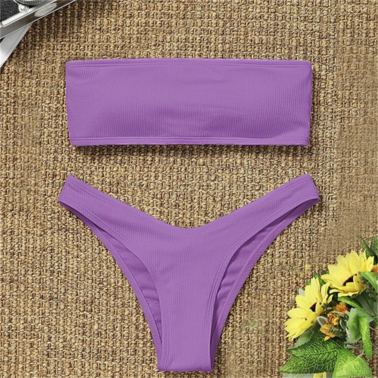 Swimwear- Women's Textured Bandeau 2 Piece Swimwear - Strapless Bra & Low-Waist Bottom- Purple- IndioGear Fashion and Gear