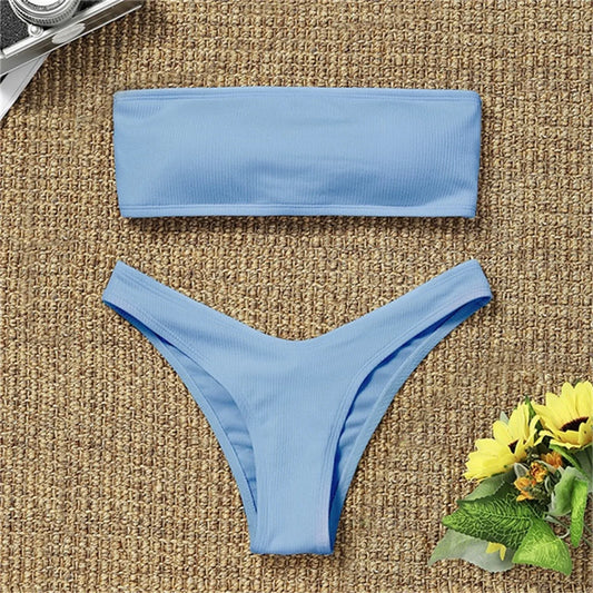 Swimwear- Women's Textured Bandeau 2 Piece Swimwear - Strapless Bra & Low-Waist Bottom- Blue- IndioGear Fashion and Gear