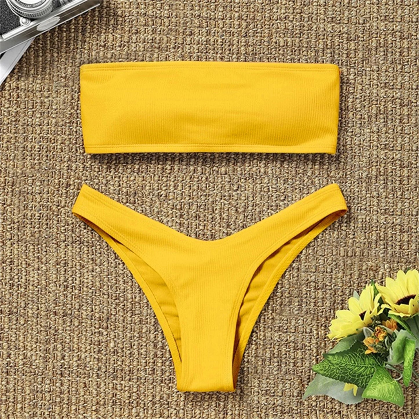 Swimwear- Women's Textured Bandeau 2 Piece Swimwear - Strapless Bra & Low-Waist Bottom- Yellow- IndioGear Fashion and Gear