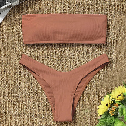 Swimwear- Women's Textured Bandeau 2 Piece Swimwear - Strapless Bra & Low-Waist Bottom- Brown- IndioGear Fashion and Gear