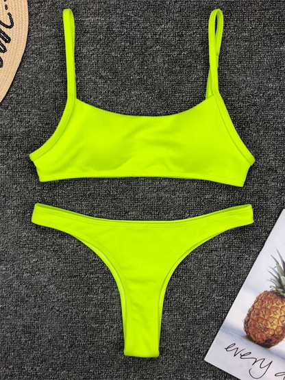 Swimwear- Women's Textured Swimwear with High-Cut Bikini & Sporty Bra- GreenYellow- IndioGear.com