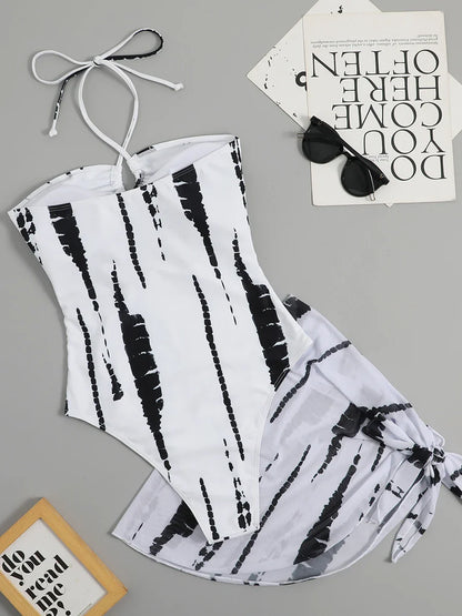 Women's Zebra Tie Dye One-Piece Swimsuit with Skirt Cover Up