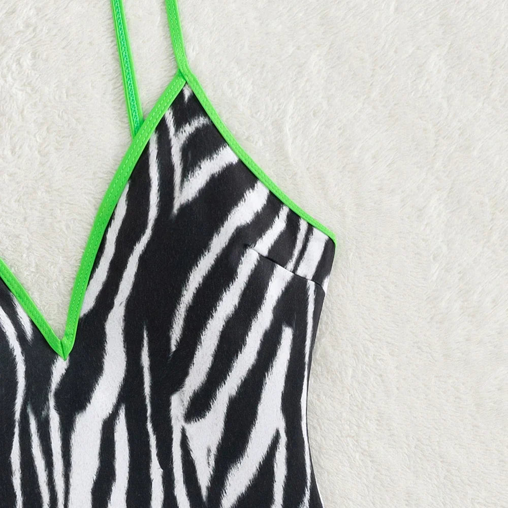 Swimwear- Zebra Print Plunging One-Piece Swimwear for Women with Vibrant Green Binding- - IndioGear Fashion and Gear