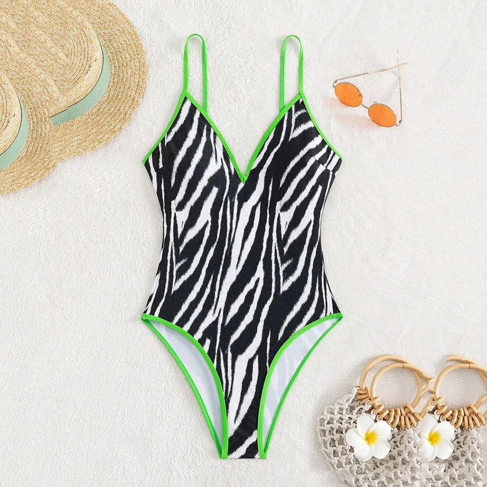 Swimwear- Zebra Print Plunging One-Piece Swimwear for Women with Vibrant Green Binding- Black- IndioGear Fashion and Gear