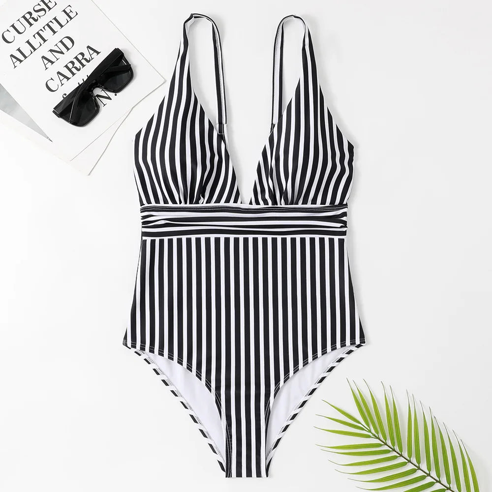 Swimwear- Zebra Stripe Wire-Free Plunge One-Piece Swimwear for Women- - IndioGear Fashion and Gear