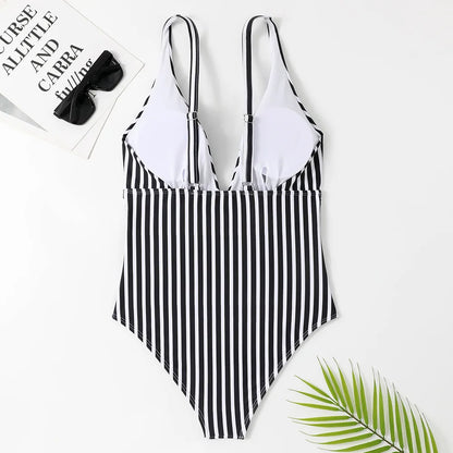 Swimwear- Zebra Stripe Wire-Free Plunge One-Piece Swimwear for Women- - IndioGear Fashion and Gear