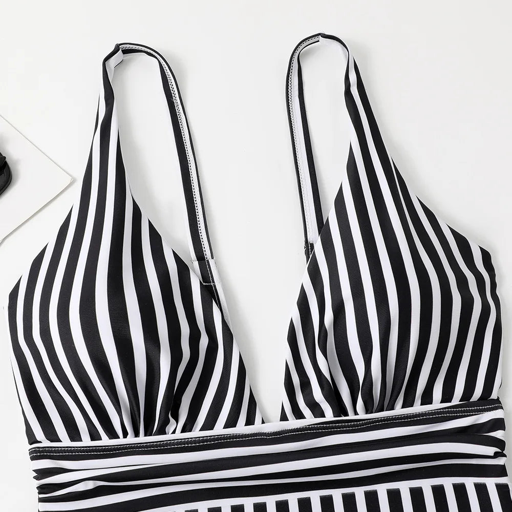 Swimwear- Zebra Stripe Wire-Free Plunge One-Piece Swimwear for Women- - IndioGear Fashion and Gear