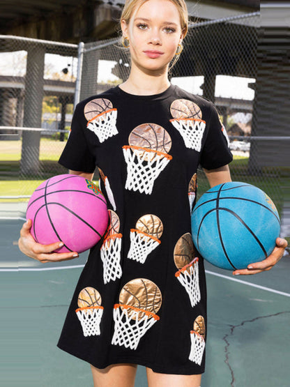 T-Shirt Dresses- Casual Basketball-Themed Dress- Black- IndioGear.com