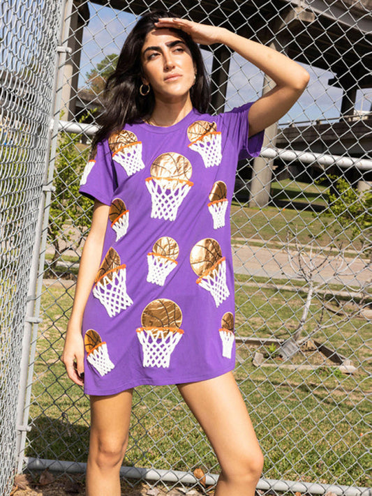 T-Shirt Dresses- Casual Basketball-Themed Dress- Purple- IndioGear.com