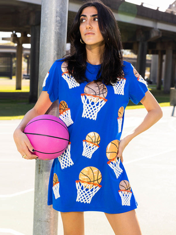 T-Shirt Dresses- Casual Basketball-Themed Dress- Blue- IndioGear.com