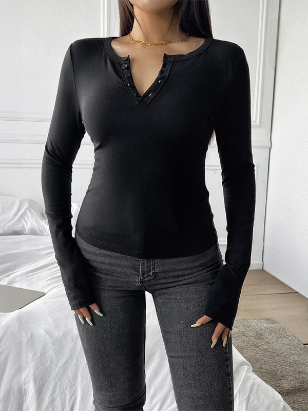 T-Shirts- Casual Henley-Style Top Fall T-Shirt for Women- - IndioGear.com