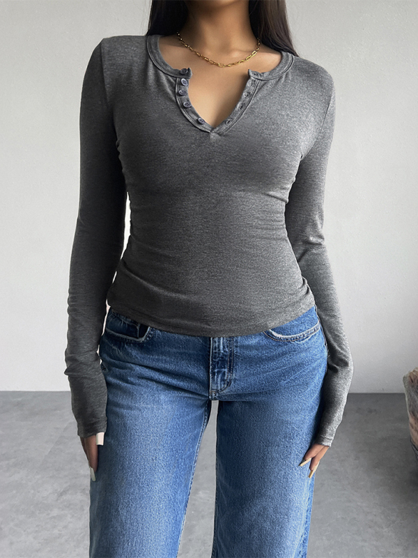 T-Shirts- Casual Henley-Style Top Fall T-Shirt for Women- - IndioGear.com