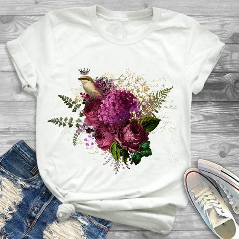 T-Shirts- Charming Floral Bouquet Print Tee Collection- Pattern19- IndioGear.com