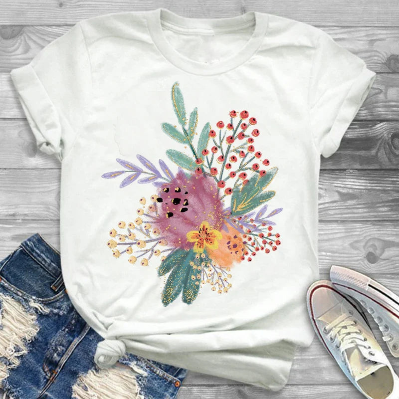 T-Shirts- Charming Floral Bouquet Print Tee Collection- - IndioGear.com