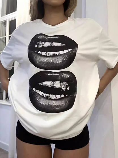 T-Shirts- Dramatic Lips Graphic Tee - Artistic T-Shirt- White- IndioGear.com