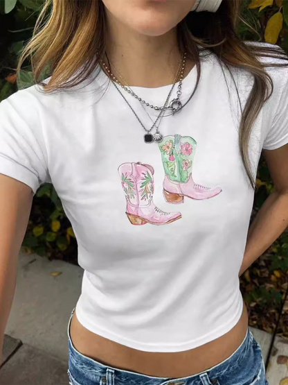 T-Shirts- Floral Cowboy Boots Tee - Graphic T-Shirt- White- IndioGear.com