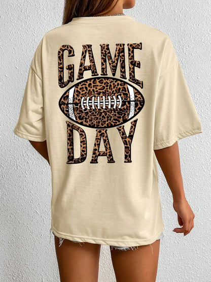 T-Shirts- Game Day Oversized Leopard Football T-Shirt for Women- Khaki- IndioGear.com