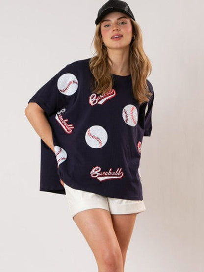 T-Shirts- Grand Slam Style Sequined Baseball T-Shirt for Game Day- Black- IndioGear.com