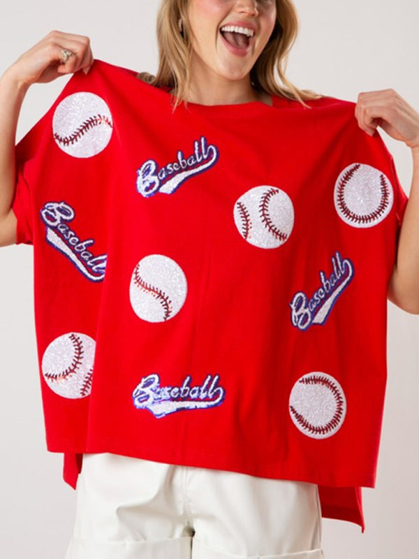 T-Shirts- Grand Slam Style Sequined Baseball T-Shirt for Game Day- Red- IndioGear.com