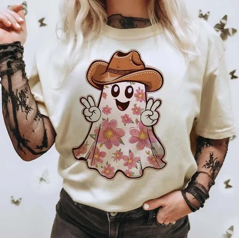 T-Shirts- Halloween Floral Cowboy Ghost T-Shirt- - IndioGear.com