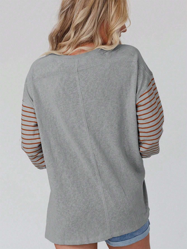 T-Shirts- Lantern Sleeve Striped Pullover Relaxed Tee- - IndioGear.com