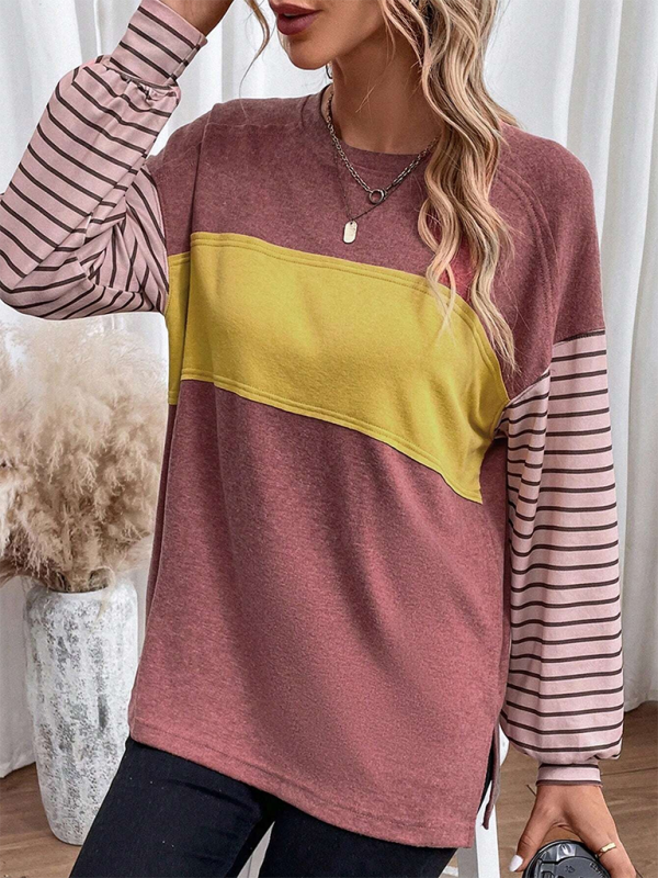 T-Shirts- Lantern Sleeve Striped Pullover Relaxed Tee- - IndioGear.com