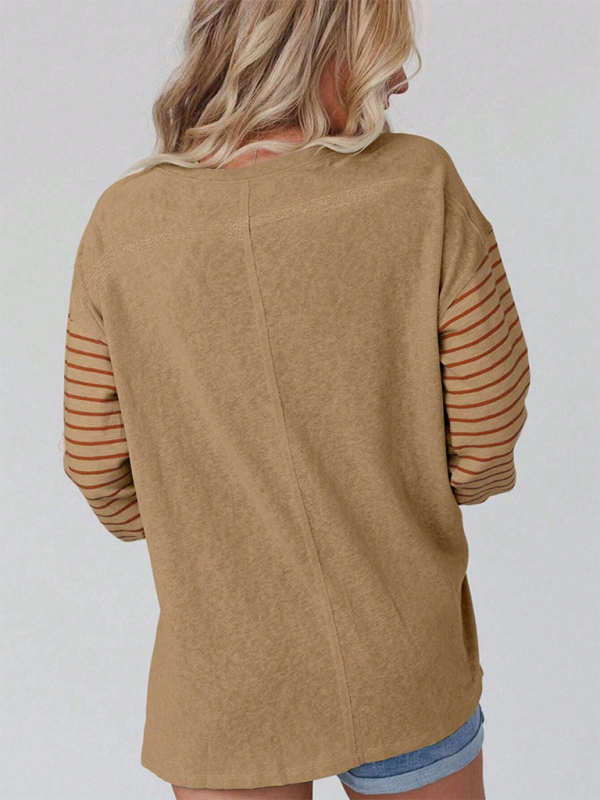 T-Shirts- Lantern Sleeve Striped Pullover Relaxed Tee- - IndioGear.com