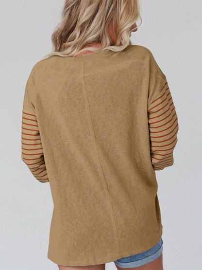 T-Shirts- Lantern Sleeve Striped Pullover Relaxed Tee- - IndioGear.com